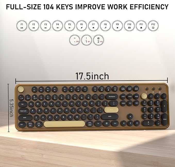 Colorful Wireless Bluetooth Keyboard, 2.4G & Dual Bluetooth Multi-Device, Retro Round Keycaps 104 Keys Full-Size for PC Laptop Tablet Phone (Black-Brown)
