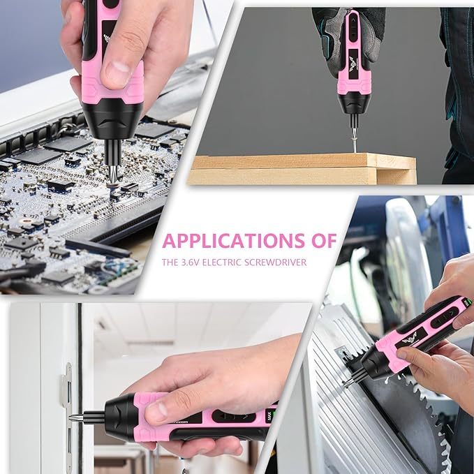 Electric Screwdriver Pink, 3.6V Rechargeable Cordless Screwdriver, 5N.m Max Torque, 4-Gear Torque, LED Light, 105 Pcs, Ideal for Women Daily & Light Industrial Use