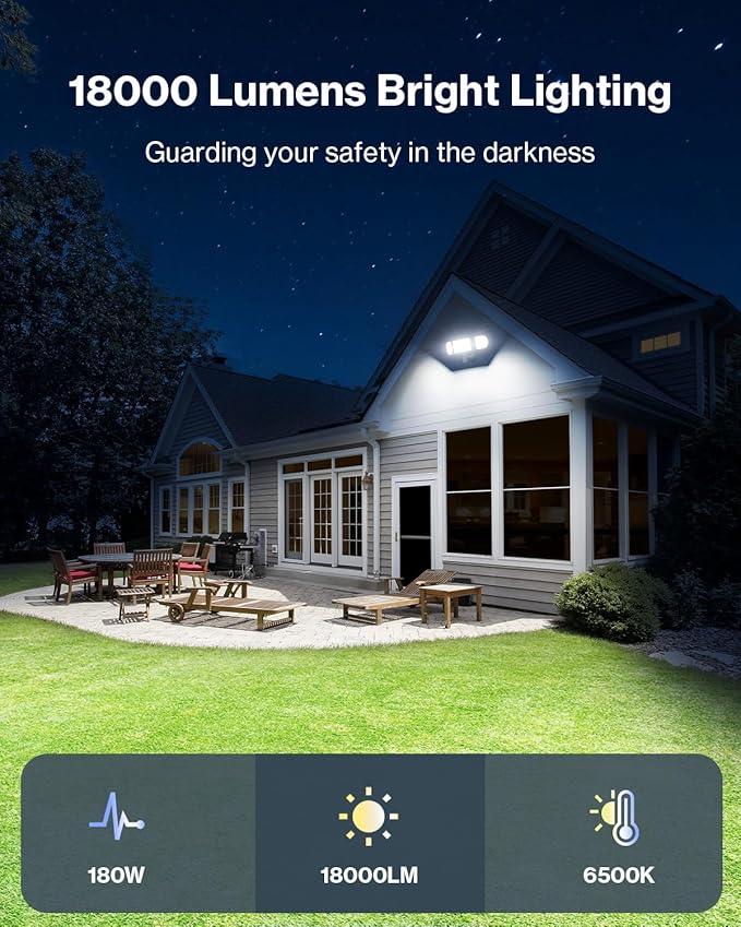 Olafus 180W Motion Sensor Outdoor Lights, 18000lm Dusk to Dawn LED Flood Lights Outdoor Wired, 6500K Daylight Motion Lights for Outside, IP65 Waterproof Exterior Security Light, White