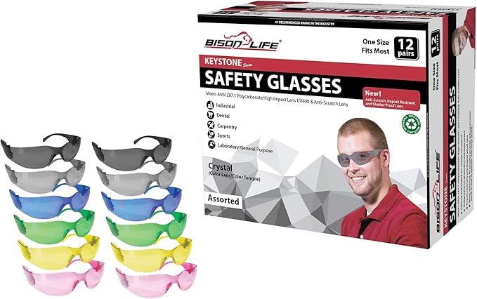 BISON LIFE Keystone Color Lens Safety Glasses | Anti Scratch | Impact Resistance | ANSI Z87.1 Standard | UV 400 Protection