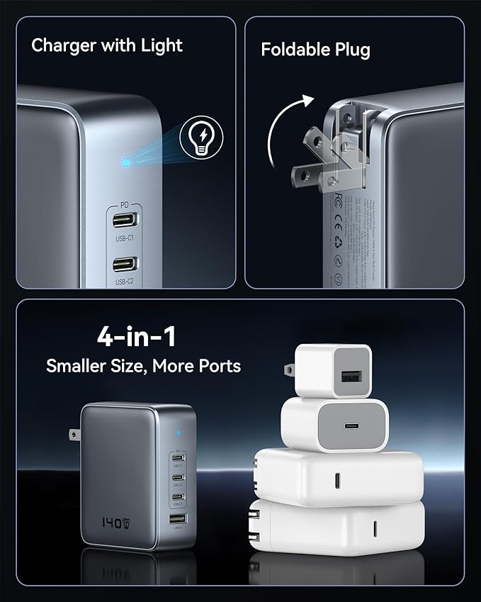 USB C Charger Block 140W, 4 Ports GaN Charger USB C Fast Charging Station Foldable Compact Wall Charging Power Adapter for MacBook Pro, iPhone 16/15, iPad, Galaxy, Steam Deck, Google Pixelbook