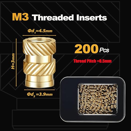 Kadrick 200Pcs M3 Threaded Inserts for 3D Printing Components,M3*3 Metric Brass Knurled Nuts, Insert by Heat into Plastic Parts