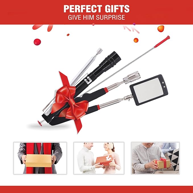 5-Piece Magnetic Pickup Tool Kit - Great Gift for Mechanics - Auto Repair & DIY - Find Nuts/Bolts/Screws - Includes 1lb & 10lb Telescoping Magnets - 360°Mirror & LED Light for Workshop Use