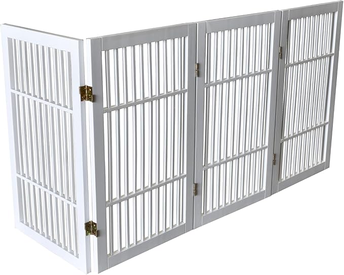 Pet Dog Gate Strong and Durable Freestanding Folding Acacia Hardwood Portable Wooden Fence Indoors or Outdoors by Urnporium (White Pet Gate, 4 Panel 30" Tall)