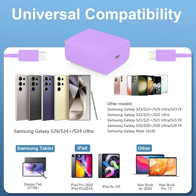 45W Super Fast Charger USB C Android Phone Type C Charger Fast Charging Block with 8FT C Charger Cord for Samsung Galaxy S25/S25 Ultra/S25+/S24 Ultra/S24/S24+/S23/S22/S21/S20/Note20/Note 10