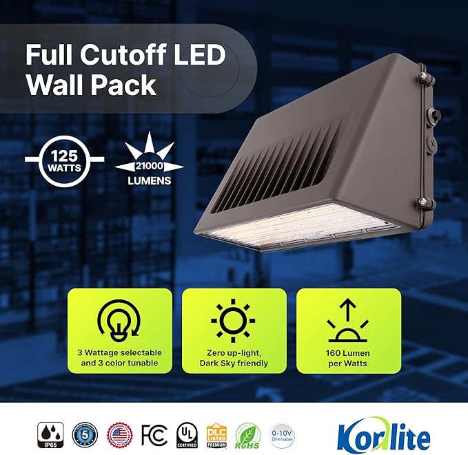 125W/105W/76W Full-Cutoff LED Wall Pack Lights, Selectable Wattage & CCT (5000K/4000K/3000K), LED Wall Light, Energy Efficient, Durable, Outdoor Commercial Wall Pack Light, 20,812LM