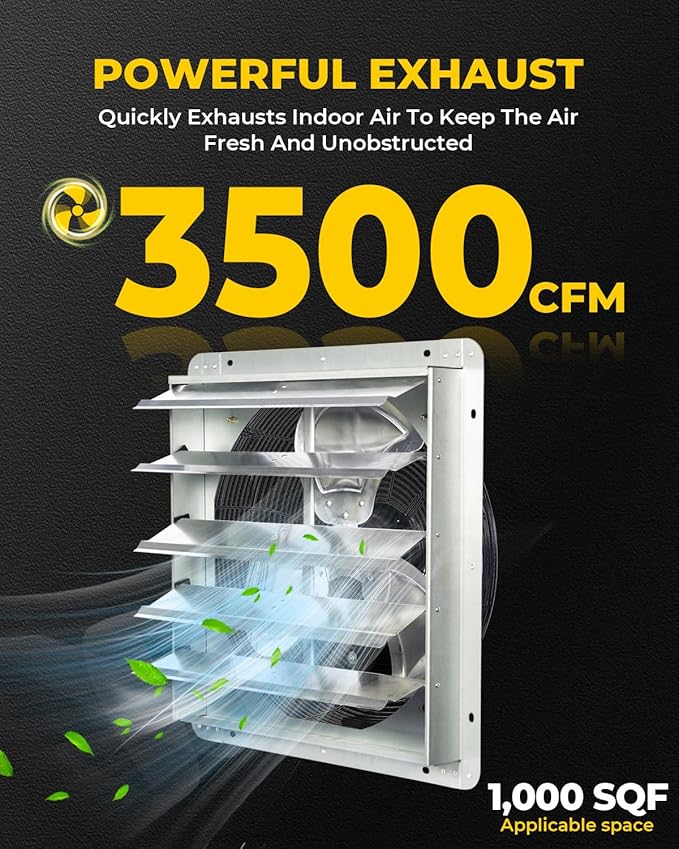 VENTISOL 20 Inch Shutter Exhaust Fan Wall Mounted, 3500CFM Exhaust Fan with Pre-Installed 1.65m Power Cord, Ventilation fan for Greenhouse, Garages, Attic, Shops, Chicken Coop