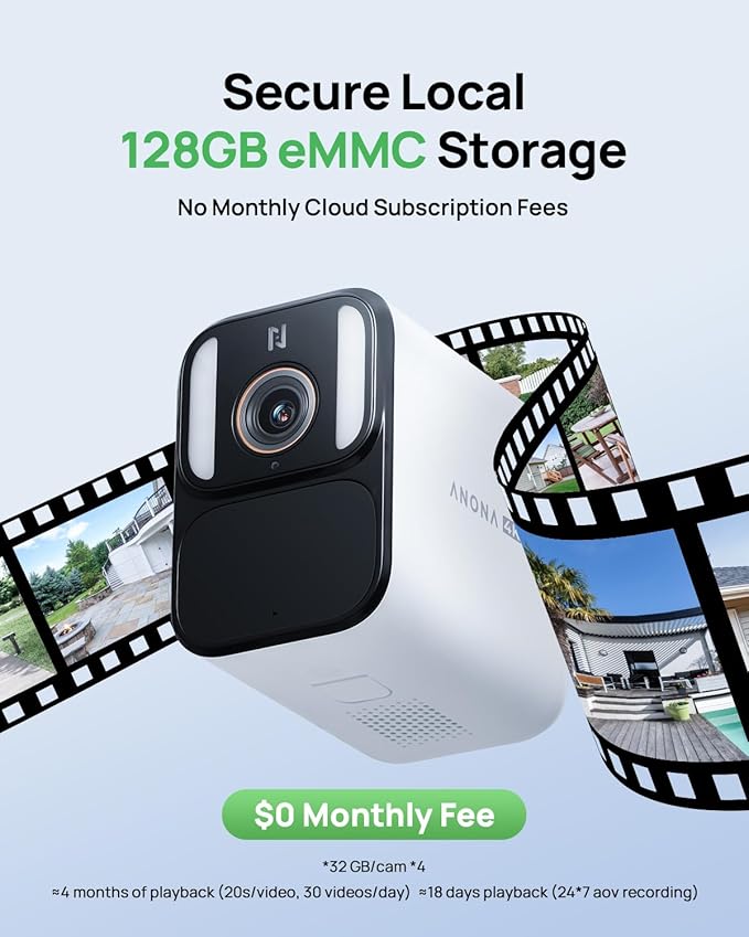 Anona Aurora 4K Solar Security Cameras Wireless Outdoor, Forever Power with Solar Panel, 8MP Color Night Vision, 24/7 AOV Recording, No Monthly Fees, AI Detection, Easy Setup, 2.4 G WiFi, IP67, 4 Pack