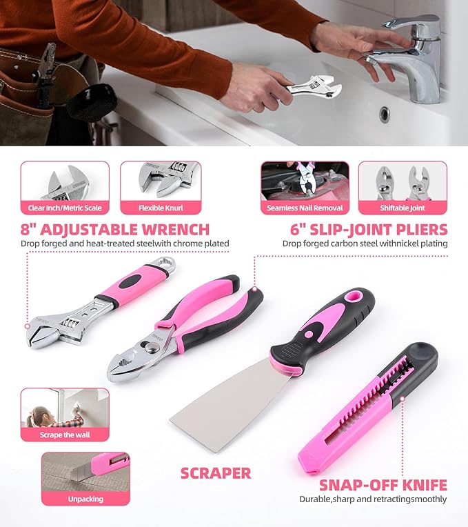 143 Pcs Pink Homeowner Tool Set with 3.6V Cordless Screwdriver General Household Hand Tool Kit with Plastic Tool box Storage Case for Women,Men