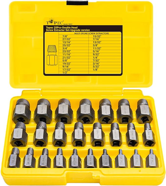 Topec 25Pcs-Double Head Screw Extractor Set, Newest Version 3/8” Drive 2-in-1 Functional Easy Out Bolt Extractor Set, Premium CR-MO Steel Rounded Bolt Remover