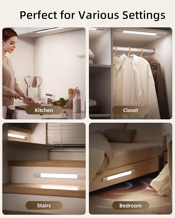 EZVALO Under Cabinet Lighting, 2-Pack Motion Sensor Lights with 3 Detachable Batteries, 76 LED Dimmable Closet Lights, 3 Color Temps, Under Counter Lights for Kitchen, Wardrobe, Pantry