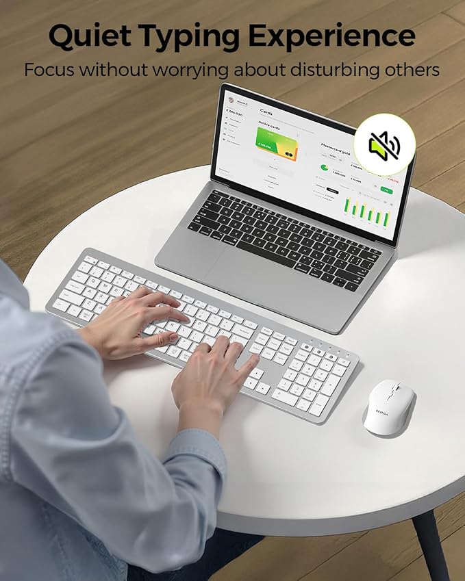 seenda Bluetooth Keyboard and Mouse, Wireless Keyboard Mouse Combo 2.4G+Dual Bluetooth Multi-Device Connection Full Size Ultra-Slim Keyboard with Number Pad for Windows/Mac,White & Silver