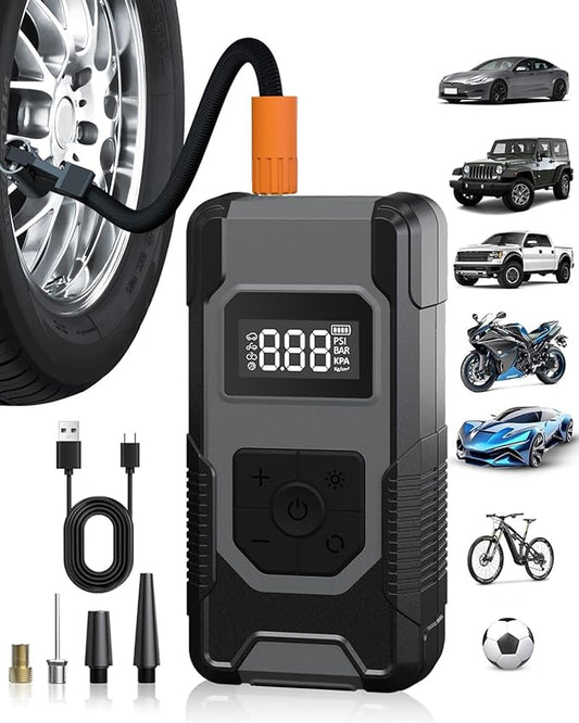 Tire Inflator Portable Air Compressor - 4X Faster Inflation Cordless Mini Air Pump with Digital Pressure Gauge with Digital Pressure Gauge/LED Light Portable Tire Inflator for Car/Moto/Bike/Ball etc.