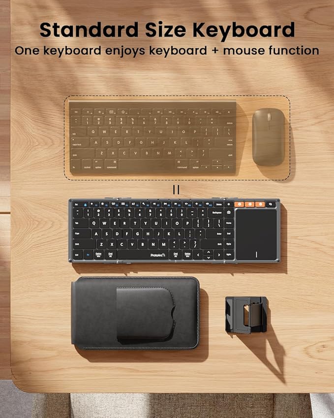 ProtoArc Foldable Keyboard with Touchpad, XK01 TP Folding Portable Keyboard, Full Size Keys, Large Trackpad Bluetooth Travel Keyboards for iPad Laptop PC Tablets - Black Gray