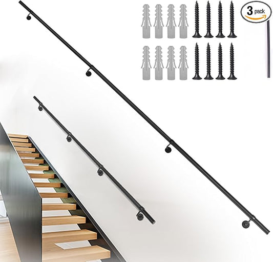 10Ft Industrial Metal Stairs Handrail Kit, Sturdy Wall Mount Aluminum Hand Rail, Indoor Outdoor Stair Railing Wood Concrete Brick Wall,1.5 in Round Pipe Grab Bar, Matte Black-10FT