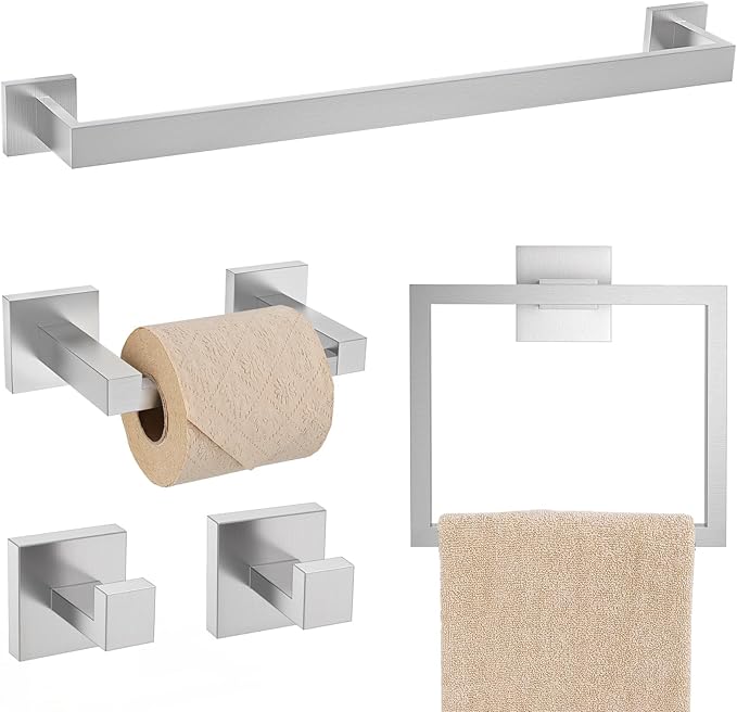 TQKAG Brushed Nickel Bathroom Hardware Accessories Set 5 Pieces, Double Post Pivoting Toilet Paper Holder Set Stainless Steel Square Bathroom Towel Bar Holder Set Wall Mounted