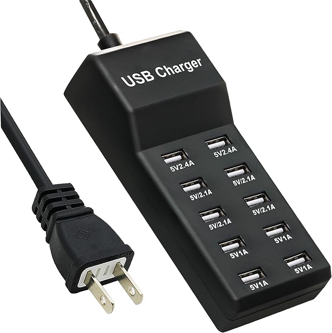 USB Charging Station, 10-Port Charging Station for Phones/Tablets/Watches (Black, 10 USB-A)