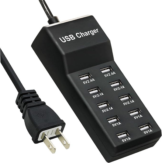 USB Charging Station, 10-Port Charging Station for Phones/Tablets/Watches (Black, 10 USB-A)
