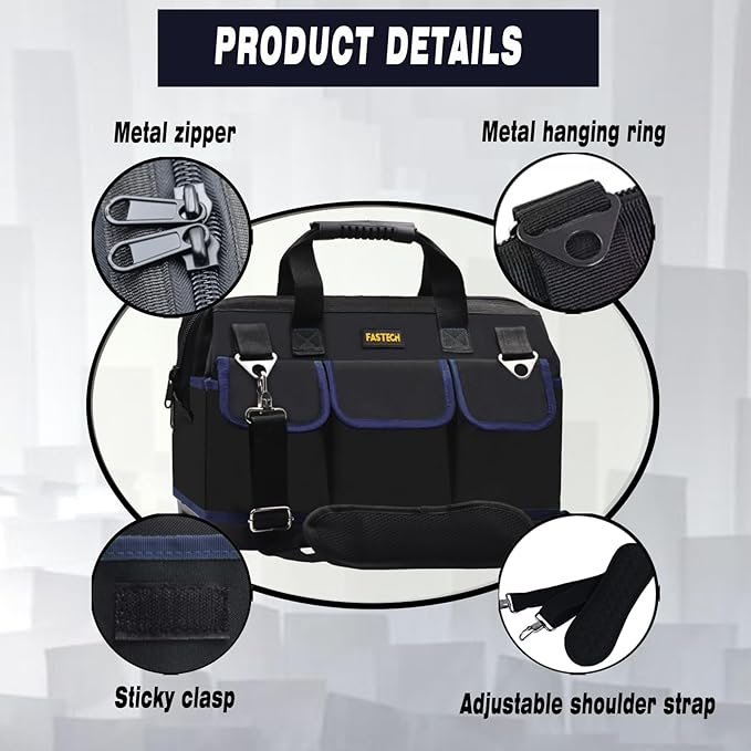 22 Inch Tool Bag, Waterproof Wide Mouth Tool Kit, Heavy Duty Tool Bag Organizer With Shoulder Straps and Molded Base, Tool Storage Package For Screwdrivers, Pliers, Nut Drivers (DarkBlue22IN)