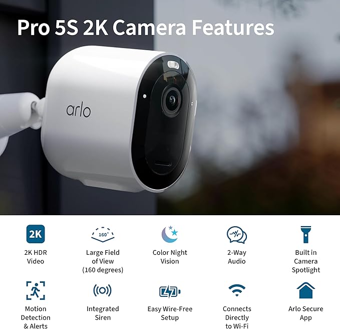 Arlo Pro 5S Spotlight Security Camera 2K HDR | Outdoor | Wireless with Spotlight | Dual-Band Wi-Fi Connects to Strongest Network|12X Zoom, 2-Way Audio, Color Night Vision,Live Stream(White, 5 Cameras)