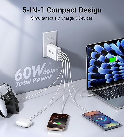 60W Fast Charger Block,2-Pack USB C Wall Charger,5-Port Dual 30W PD Charging Adapter+QC 3.0 Wall Plug Multiport Total Power 60W Type C Charging Cube Brick for iPhone 16/15/14/13/Pro Max,iPad,Galaxy