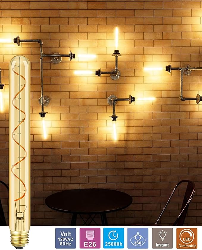 Leools Vintage LED Spiral Filament Bulb T10, 11.8inch Long Tubular Dimmable Edison Light Bulbs,E26 Base,Amber Glass,Warm White,2200K, (60W Equivalent), Pack of 4