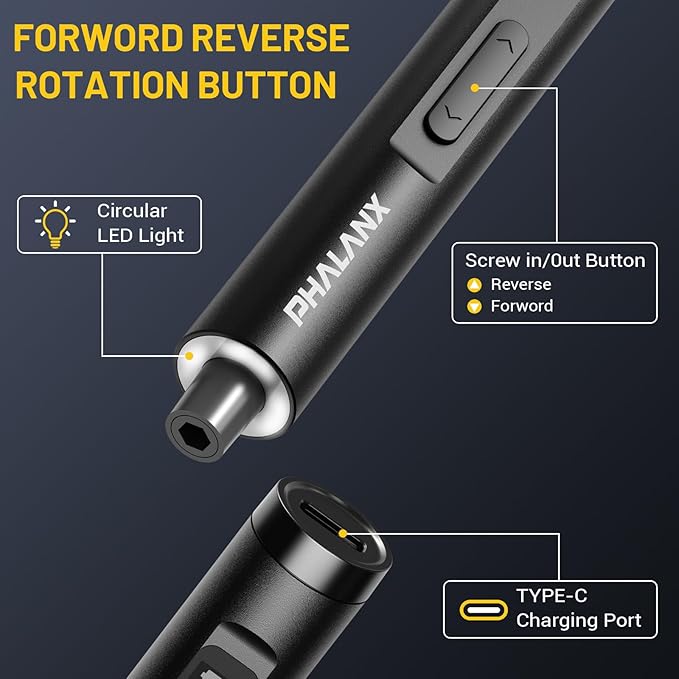 PHALANX Mini 3.7V Electric Screwdriver - Precision Screwdriver Set with 60-in-1 Magnetic Bits, Magnetic Rotatable Rack, 5/32''Hex, Electric Screw Driver Cordless for Phone, Camera, Laptop, Watch Black