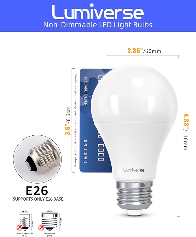 Lumiverse A19 Led Light Bulb, 9 Watt [60W Equivalent], 5000K Daylight White, E26 Base Bulb, Non-dimmable, 800lm Light Bulbs, UL Listed, 24 Pack