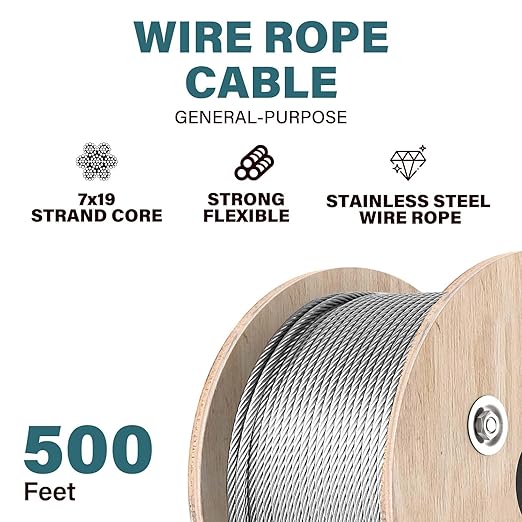 3/16 Wire Rope, 500ft 3/16 Stainless Steel Cable Wire, 7X19 Strand Aircraft Cable Wire Rope Kit, 3700lbs Breaking Strength 3/16 Steel Cable with 3/16 Cable Clamps,Thimble for Deck Railing Shade Sails