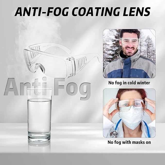 Safety Glasses Over Eyeglasses with Anti-Fog and Scratch Resistant ANSI Z87 Safety Goggles Over Glasses