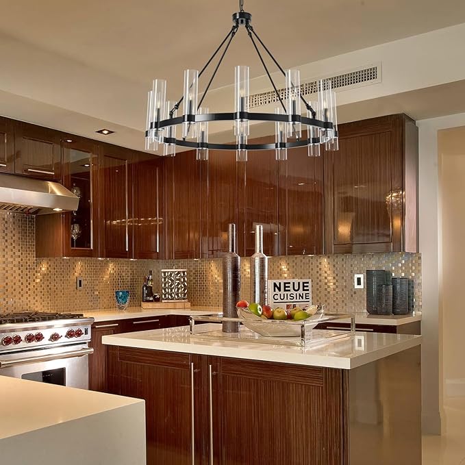 43 Inch Black Wagon Wheel Chandelier, 12 Lights with Glass Shades Light Fixtures, Large Modern Farmhouse Pendant Light for Dining Room, Living Room, Kitchen, Foyer, High Ceilings