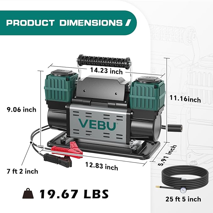 Heavy Duty Air Compressor 12V Tire Inflator, Dual Cylinder 125PSI with In-line Pressure Gauge, 10.6CFM Fast Inflation for Off-road Vehicles, Trucks, SUVs, RVs, ATVs, DC Power, Corded Electric