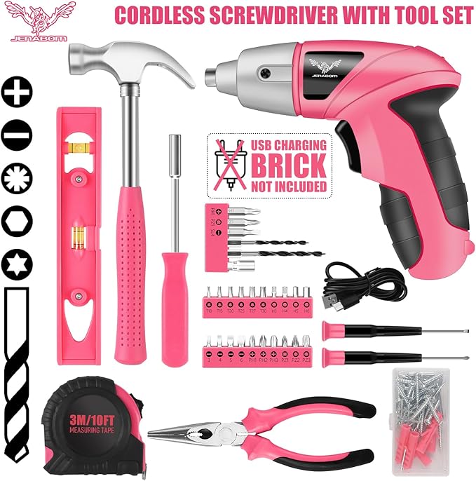 Pink Tool Kit with 3.6V USB Electric Screwdriver, 112 PCS Home Tool Set with Cordless Drill Set, Hand Tool Kits for Women