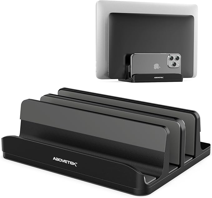 AboveTEK Vertical Laptop Stand Holder, 3 Slots Aluminum Desk Stand with Adjustable Dock Size for Tablet, MacBook, Phone - Universal Fit (up to 17.3") - Heavy Duty Polished, Anti Slide - Black
