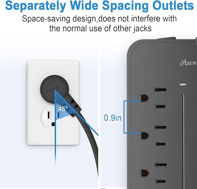 25FT Flat Plug Surge Protector - 8 Outlet & 3 USB Port (A & C) Power Strip Extension Cord, Wall Mountable Desk Power Strip for Home Office - Black - ETL Listed