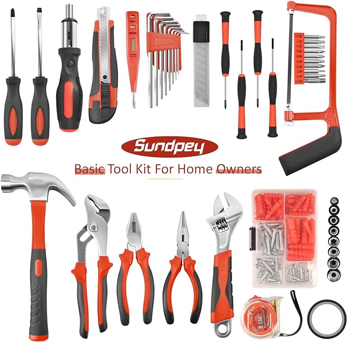 Sundpey Home Tool Kit 148-Pcs - Household Basic portable Hand Repair Tool Set with Case & Ratcheting Screwdriver & Hex Key & Pliers & Wrench & Voltage Tester & Water Pump Plier for Men Women