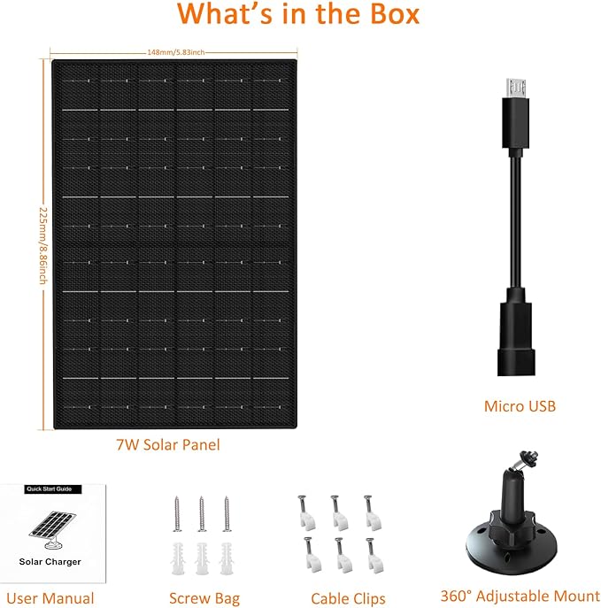 Zivif Solar Panel for Security Camera, 7W Solar Charger with Micro USB & USB-C Port, IP65 Waterproof USB C Solar Panel for 5V Rechargeable Battery Security Cameras, with 360° Adjustable Mount (Black)