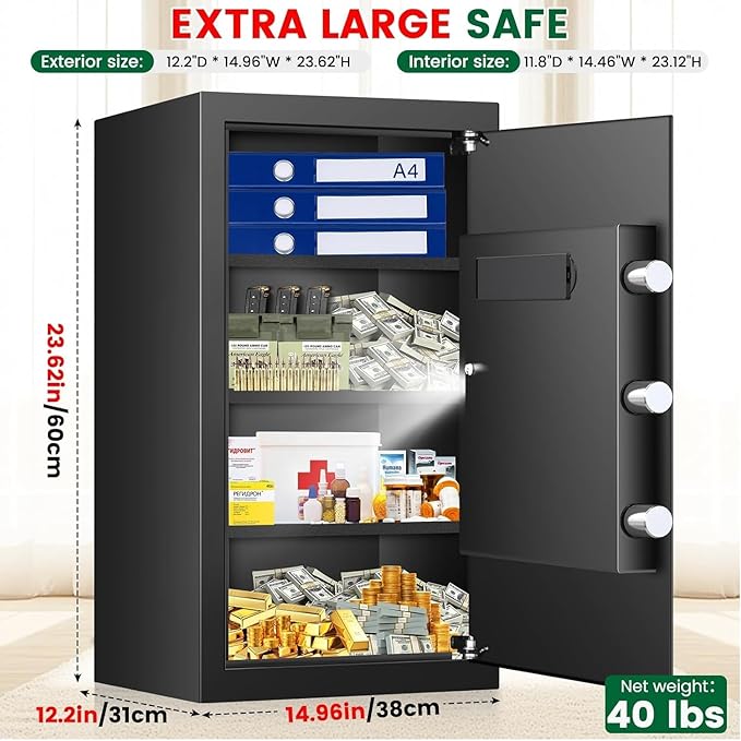 5.3 Cuft Safes for Home Use Fire and Water proof, Anti-Theft Large Lock Box, Fire Safe Box With Digital Keypad & 3 Removable Shelves and Led Light, Money Safes for Home Documents Valuables
