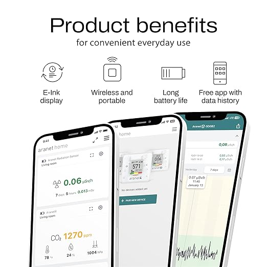 SAF Aranet4 Home: Wireless Indoor Air Quality Monitor for Office or School (CO2, Temperature, Humidity and More) Portable, Battery Powered, E-Ink Screen, App for Configuration & Data History