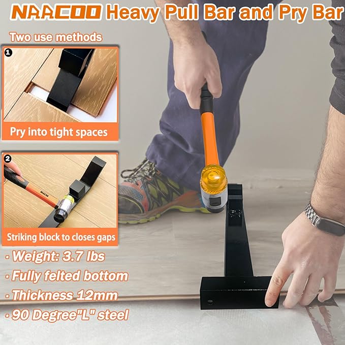Laminate/Vinyl Flooring Tools, NAACOO Heavy Tapping Block - Knock 1-2 Times, Heavy Pull Bar, 20pc Upgrade Flooring Spacers, Rubber Mallet - Professional 6 in 1 Floor Installation Kit.