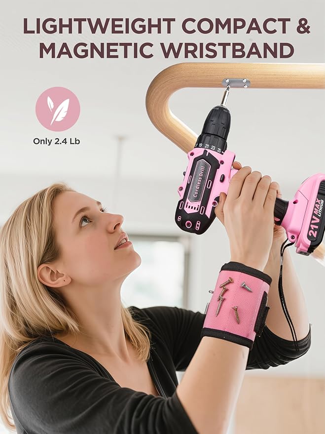 Pink Cordless Drill Set 142 Pcs, 21V Pink Power Drill Tool Set Kit with Storage Bag, Electric Drill Set for Women, Precision Screwdriver set, Magnetic Tool Belt, for Home DIY Projects
