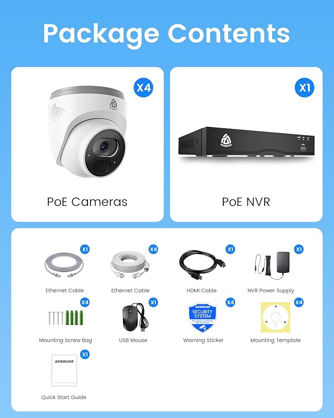 4K PoE Security Camera System, 8CH NVR with 2TB HDD and 4PCS 8MP Wired PoE IP Cameras with AI Human/Vehicle Detection & Instant Alert, 100ft IR Night Vision, 24/7 Recording, 2-Way Audio, IP66