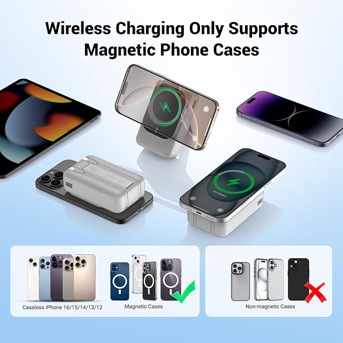 Magnetic Wireless Power Bank 26800mAh, PD 22.5W Type-C Fast Charging Portable Charger 5 Outputs, Battery Pack for Magsafe Built in Cables with Stand LED Display for iPhone 16/15/14/13/12 Series-White