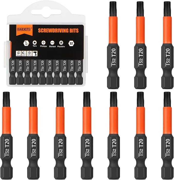 Pro T20 Screwdriver Bit Set - Torx Screwdriver 10 Pieces, 50mm Length, 1/4" Hex Shank Bit Assortment, with Storage Box
