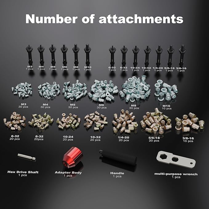 Rivet Nut Drill Adaptor Tool Kit Contains 290 Rivet Nuts and 13 mandrels