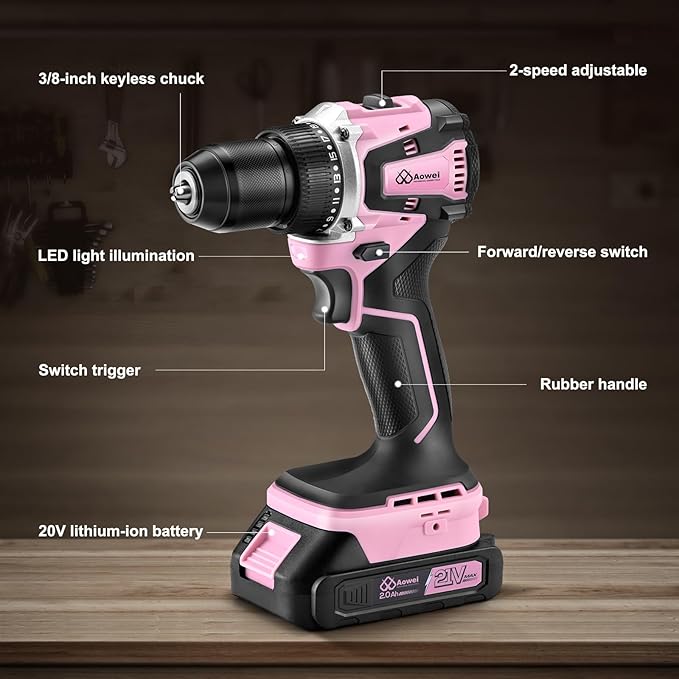21V Lithium-Ion Cordless Drill Set, Brushless, Compact Type, including Battery, Charger and 3/8-inch Keyless Chuck; Cordless Lithium-Ion Drill Kit (Pink)