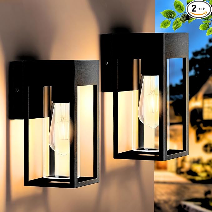 2-Pack Outdoor Wall Light Fixtures, Exterior Waterproof Lanterns, Porch Sconces Wall Mounted Lighting with E26 Sockets & Glass Shades, Modern Matte Black Wall Lamps for Patio Front Door Entryway