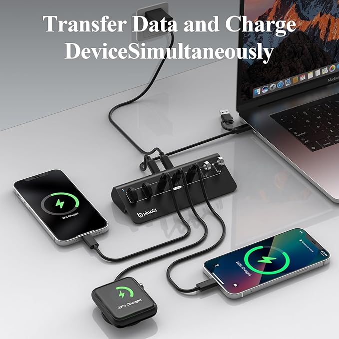 USB C Hub,Powered USB Hub with 5V 3A Power Adapter, 10Gbps USB Splitter with 4 USB-A and 3 USB-C Ports, 7-Port Type C Multiport Adapter for MacBook Air/Pro, iPhone 16/15, Laptop and More(Black)