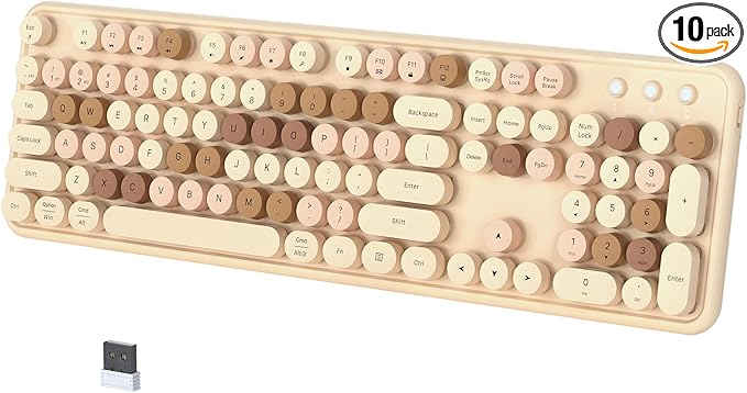 Colorful Wireless Bluetooth Keyboard, 2.4G & Dual Bluetooth Multi-Device, Typewriter Retro Round Keycaps 104 Keys Full-Size for PC Laptop Tablet Phone (Milk-Tea Colorful)