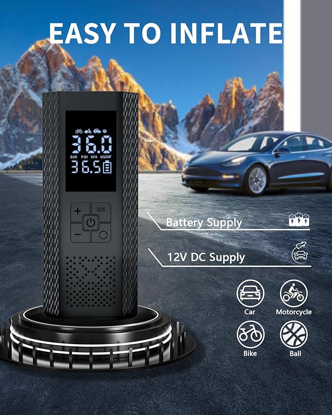 TEMOLA Tire Inflator Portable Air Compressor, 150PSI Portable Air Pump for Car Tires, Car Tire Air Pump Portable with Accurate Pressure LCD Display and LED Light, Cordless Tire Inflator for Cars Bike
